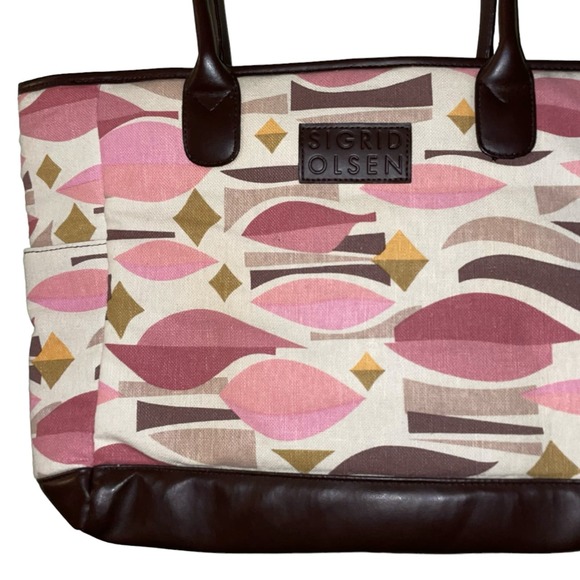 SIGRID OLSEN Pastel Neutral Print Canvas Brown Leather Shoulder Tote Bag - Picture 5 of 8